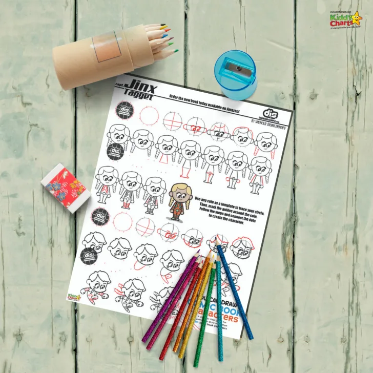 This image shows a step-by-step guide for drawing a character using a coin as a template.