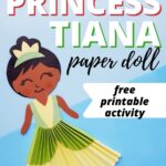 This image is a printable paper doll activity featuring Princess Tiana from the movie The Princess and the Frog, available for free on the website KiddyCharts.com.
