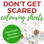 The image is a advertisement for Kiddy Charts' Superheroes Don't Get Scared coloring sheets, which can be downloaded and printed for free.