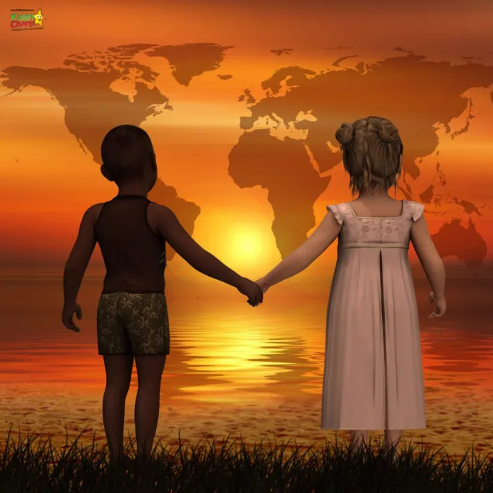 Two people hold hands in front of a sunset.