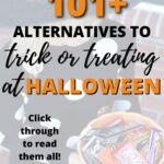 This image is promoting an article with 101 alternatives to trick-or-treating for Halloween on the website Kiddy Charts.