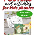 This image is promoting Kiddy Charts' phonics activities and posters for children, featuring a character called "Kiddy B" and encouraging them to "thumb the person in the moon with two E's".