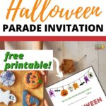 This image is inviting children to join a Halloween parade and is providing a free printable chart to help them prepare.