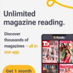 In this image, people are being offered a free one-month subscription to Readly Unlimited magazine reading and access to thousands of magazines in one app.