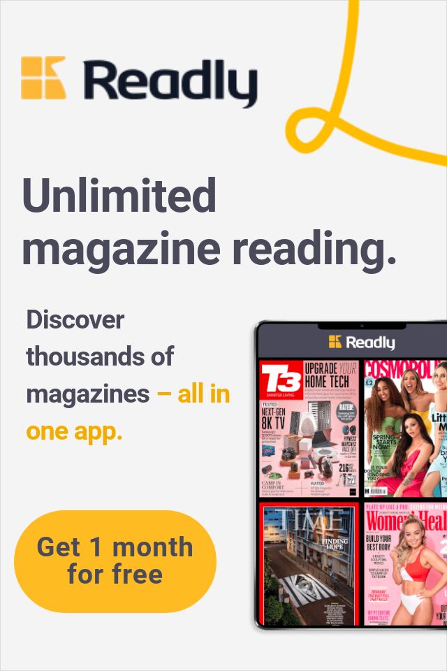 In this image, people are being offered a free one-month subscription to Readly Unlimited magazine reading and access to thousands of magazines in one app.