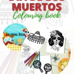 The image is of a coloring book featuring artwork related to the Mexican holiday Dia de los Muertos, which is available for free printable download from the website Kiddy Charts.