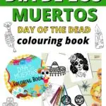This image is advertising a Diá de los Muertos coloring book available for purchase on the website kiddycharts.com.