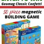 This image is advertising a giveaway for a 50-piece magnetic building game called Geomag Classic Confetti.