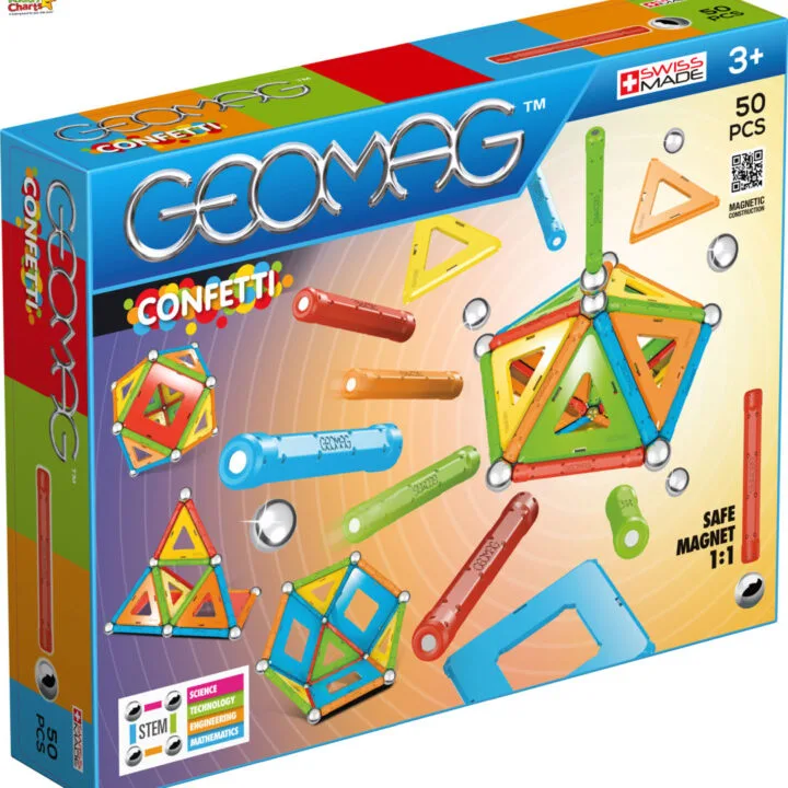 This image is showing a product package for a Geomag Confetti set, which includes 50 pieces of magnetic construction pieces and a net for building.