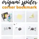 In this image, kids are instructed to make an origami spider corner bookmark for Halloween using the instructions provided on the website www.kiddycharts.com.
