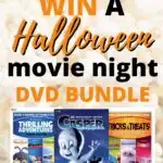 This image is advertising a Halloween movie night DVD bundle with over 4 hours of family fun, including thrilling Casper adventures, tricks and treats, Wallace & Gromit, and Monsters vs. Abominable Home Men.