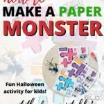 This image is promoting a fun Halloween activity for kids involving making paper monsters with a free printable available on Kiddy Charts' website.