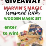 This image is promoting a giveaway for a wooden magic set from Marvin's Magic Treasured Tricks, with an additional prize of an Amazing Vanishing Rabbit from Kiddy Charts.
