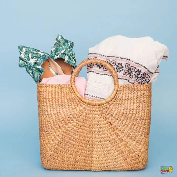 A wicker picnic basket filled with colorful storage baskets, hampers, and containers stands ready for a fun day outdoors.