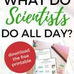 In this image, a child is asking what scientists do all day and is being directed to the website Kiddy Charts to find out more information.