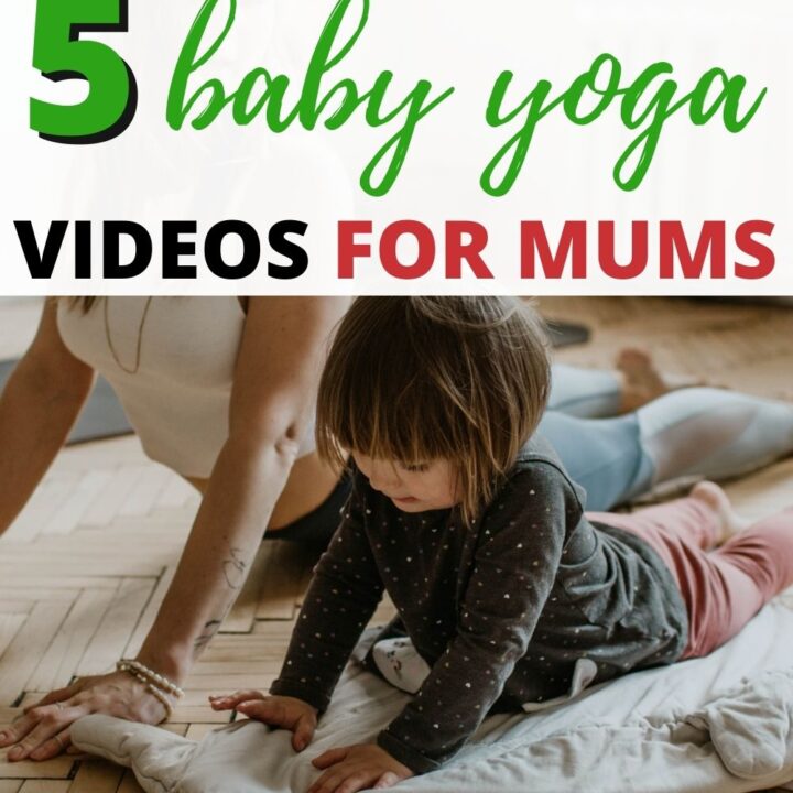 In the image, five baby yoga videos are being advertised for mothers, with a hand reaching out to share the website KiddyCharts.com.