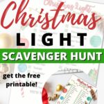 A group of people are participating in a Christmas scavenger hunt, using a free printable from Kiddy Charts to find different Christmas items such as a light wreath, pointsettia store, carolers, Santa Claus, Rudolph, toy soldier, and a bear.