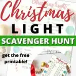 A group of people are participating in a Christmas scavenger hunt, using a free printable from Kiddy Charts to find different Christmas items such as a light wreath, pointsettia store, carolers, Santa Claus, Rudolph, toy soldier, and a bear.