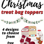 The image is displaying four designs of Christmas treat bag toppers that are available for free to print from Kiddy Charts.