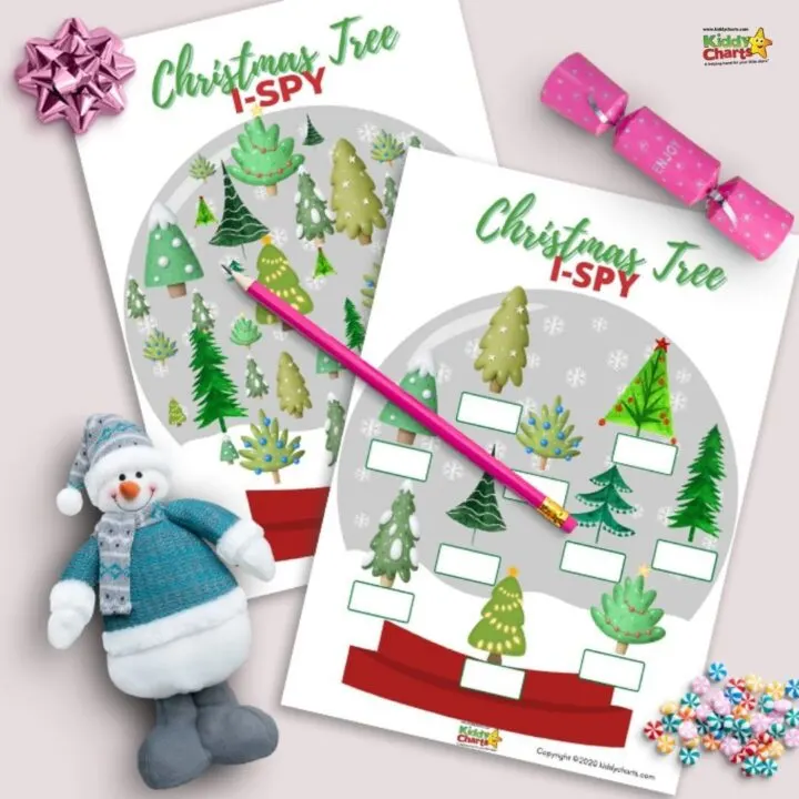 In this image, a Christmas tree is being used to play a game of I-SPY, with copyright from Kiddy Charts in 2020.