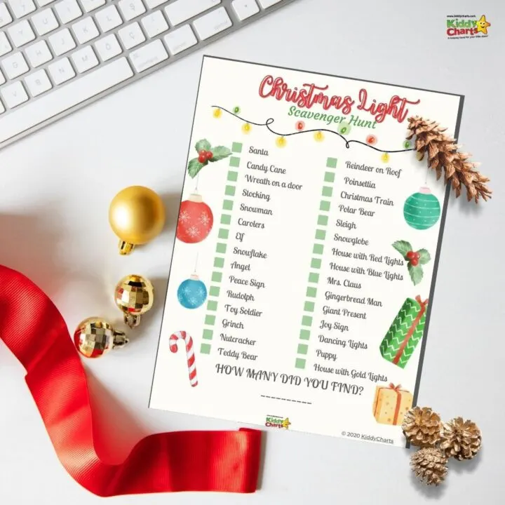 In this image, children are challenged to find various Christmas-themed items in a scavenger hunt to help them learn and celebrate the holiday season.