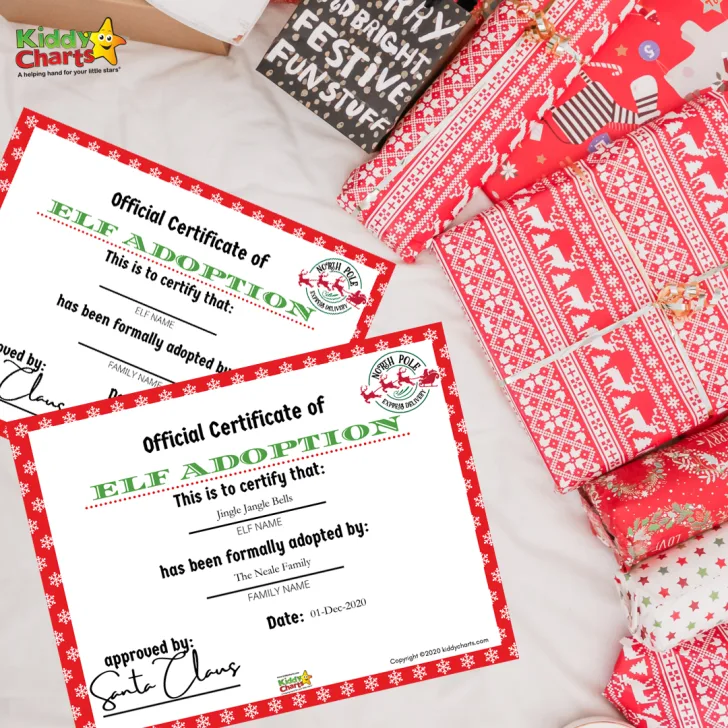This image is a certificate of adoption for an elf, issued by Kiddy Charts for the Neale Family.