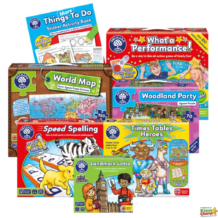 This image is showing a variety of activities and games to do with the ORCHA brand, including puzzles, spelling games, and board games.