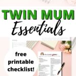 This image is a checklist of essential items for parents of twins or multiples, with advice on how to adjust the list for triplets or more.