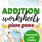 The image is promoting a free downloadable game from Kiddy Charts involving addition and pizza-themed dice.