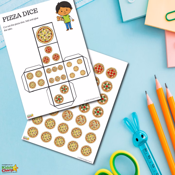 This image shows instructions for making a paper craft project out of pizza-shaped dice.