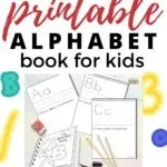 This image is a printable alphabet book for kids, created by Kiddy Charts, which includes activities such as imagining what an alligator and castle would look like.