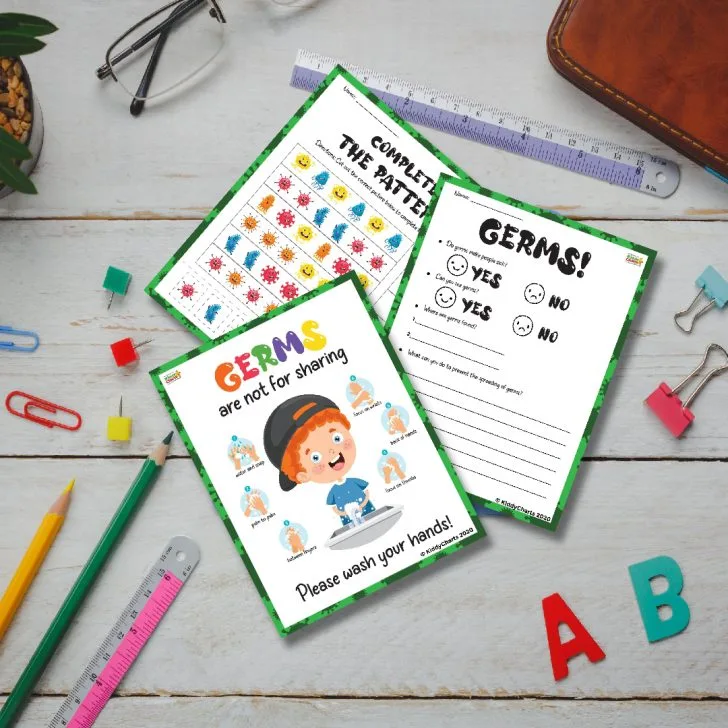 The image is showing a chart with questions and answers about germs, as well as instructions on how to prevent the spread of germs.