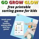 In this image, Graham's Kiddy Charts is promoting their free printable food sorting game to help teach kids about healthy eating.