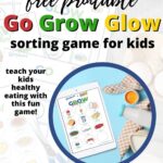 This image is promoting a free printable game to teach kids about healthy eating through a fun sorting game provided by Graham's Family Dairy.