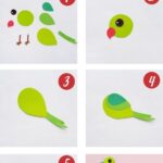 The image is showing instructions for a paper craft of a green parrot, with a link to printable materials from Kiddy Charts.
