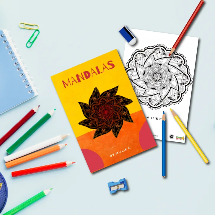 A vibrant mandala coloring book with pencils, a sharpener, and an eraser displayed on a light blue background.