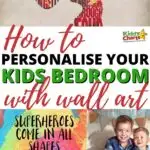The image is showing how to personalize a child's bedroom with wall art featuring superheroes of all shapes and sizes from KiddyCharts.com.