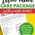This image is providing ideas for a care package for mums of multiples, with items to help with health, comfort, and being a mum.