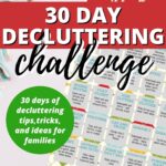 This image is a list of decluttering challenges for different areas of the home, with tips and tricks for organizing and donating items.
