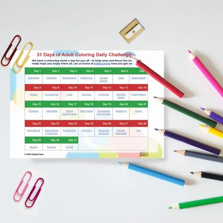 This image is a 31-day challenge for adults to relax and focus their minds by coloring a different sheet each day.