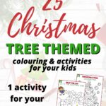 This image is promoting a Christmas Tree themed coloring and activity page for kids from the website Kiddy Charts.