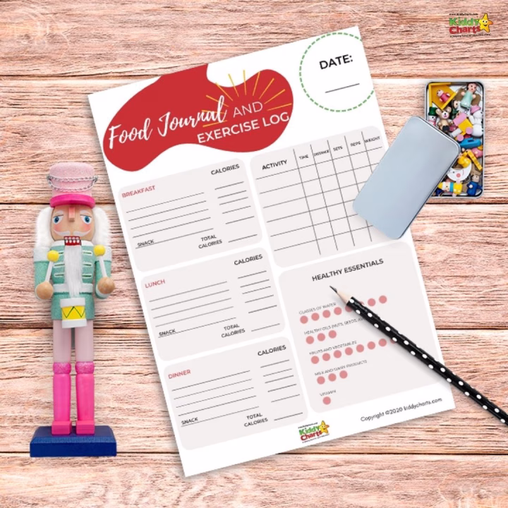This image is a food and exercise journal with charts to track breakfast, lunch, dinner, and snacks along with their respective calorie counts.