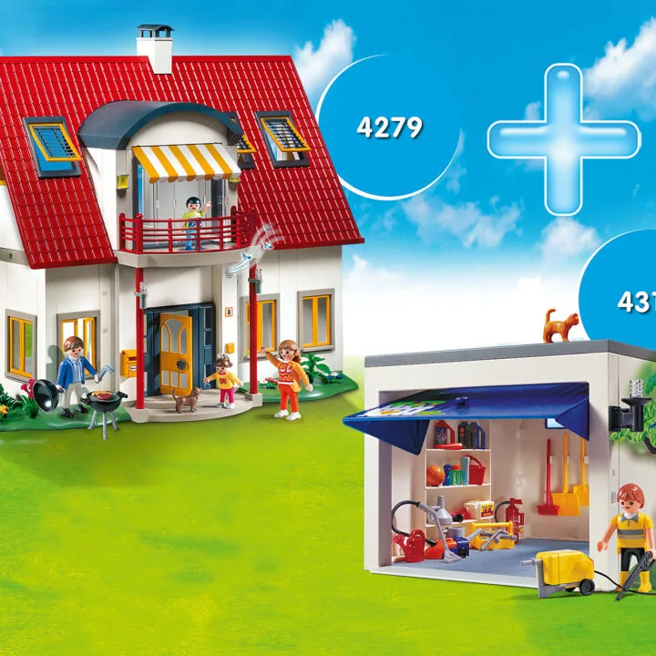 A cartoon house is painted on a sky-blue LEGO brick, surrounded by white clouds and text, outdoors.