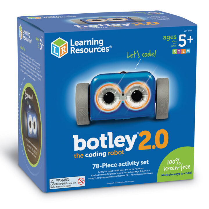 This image is promoting a coding robot set for children aged 5 and up, with multiple ways to code.