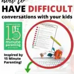 This image provides a checklist to help parents have difficult conversations with their kids, with tips from parenting expert Joanna Fortune and a free printable checklist available at www.kiddycharts.com.