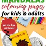 The image shows a website offering free printable mandala coloring pages for both kids and adults.