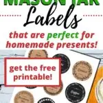 The image is showing labels for Mason jars that can be printed for free from KiddyCharts.com for homemade presents such as apple, cookies, coffee, strawberry jam, pumpkin puree, and tomato sauce.