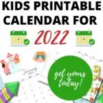 This image is a printable calendar for the year 2022 that is available on KiddyCharts.com to help children keep track of their activities.
