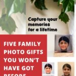 This image is promoting five unique photo gifts that can be used to preserve family memories.
