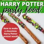 In this image, instructions are being provided on how to make a chocolate Harry Potter pretzel wand for a Harry Potter themed party.